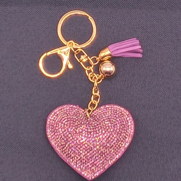 NEW Crystal Rhinestone Purple Heart Purse Charm Key Ring Chain Ring Zipper Gold - Picture 7 of 13